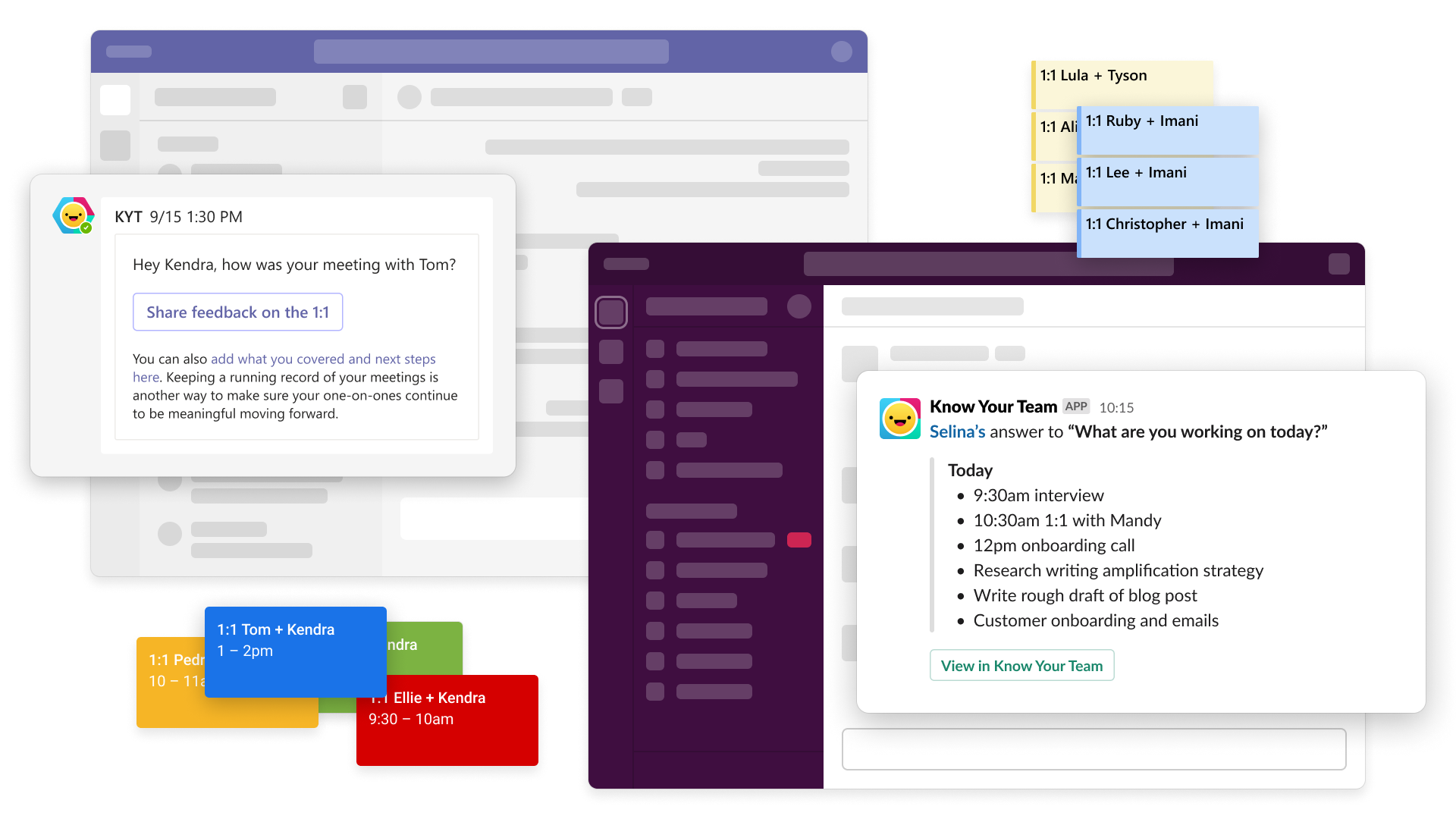 A collection of example screenshots and imagery from Slack, Microsoft Teams, Google Calendar, and  Outlook